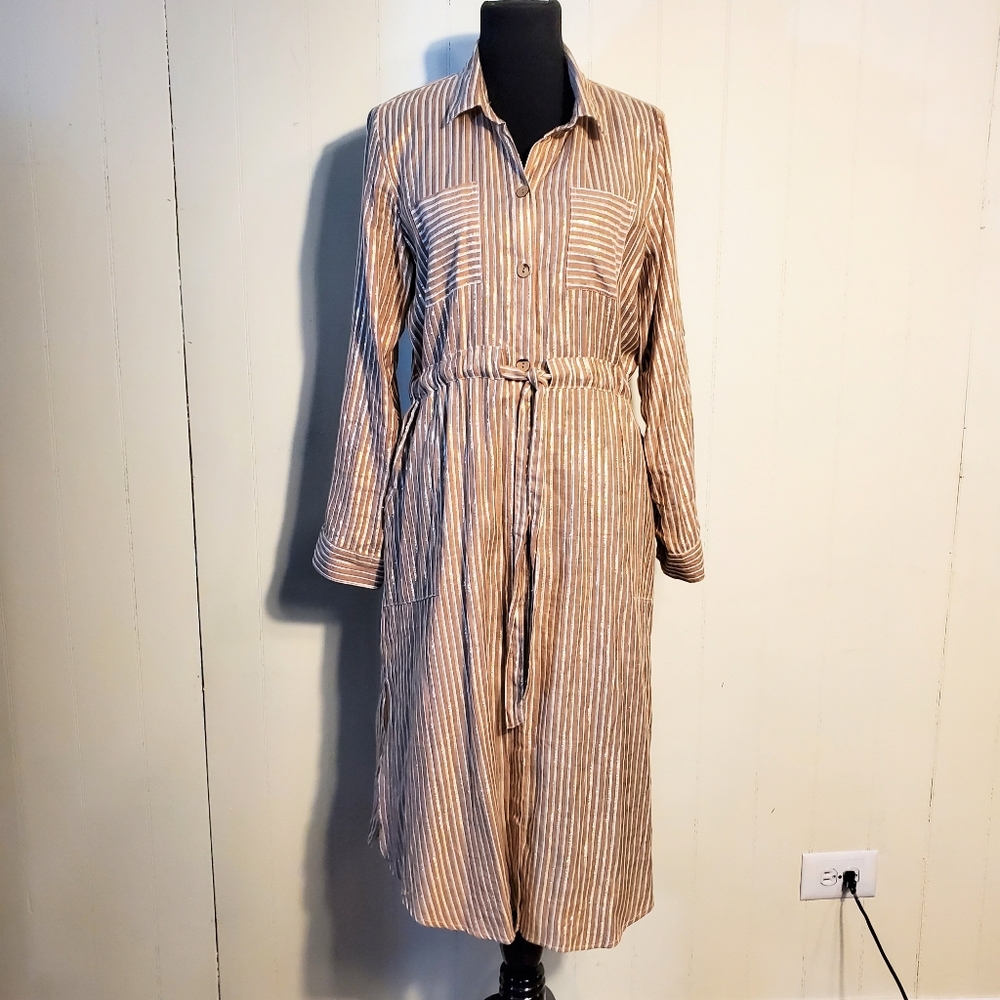 J. Gee Tan White Metallic Gold Stripe Midi Side Slits Cinch Waist Shirt Dress XL
